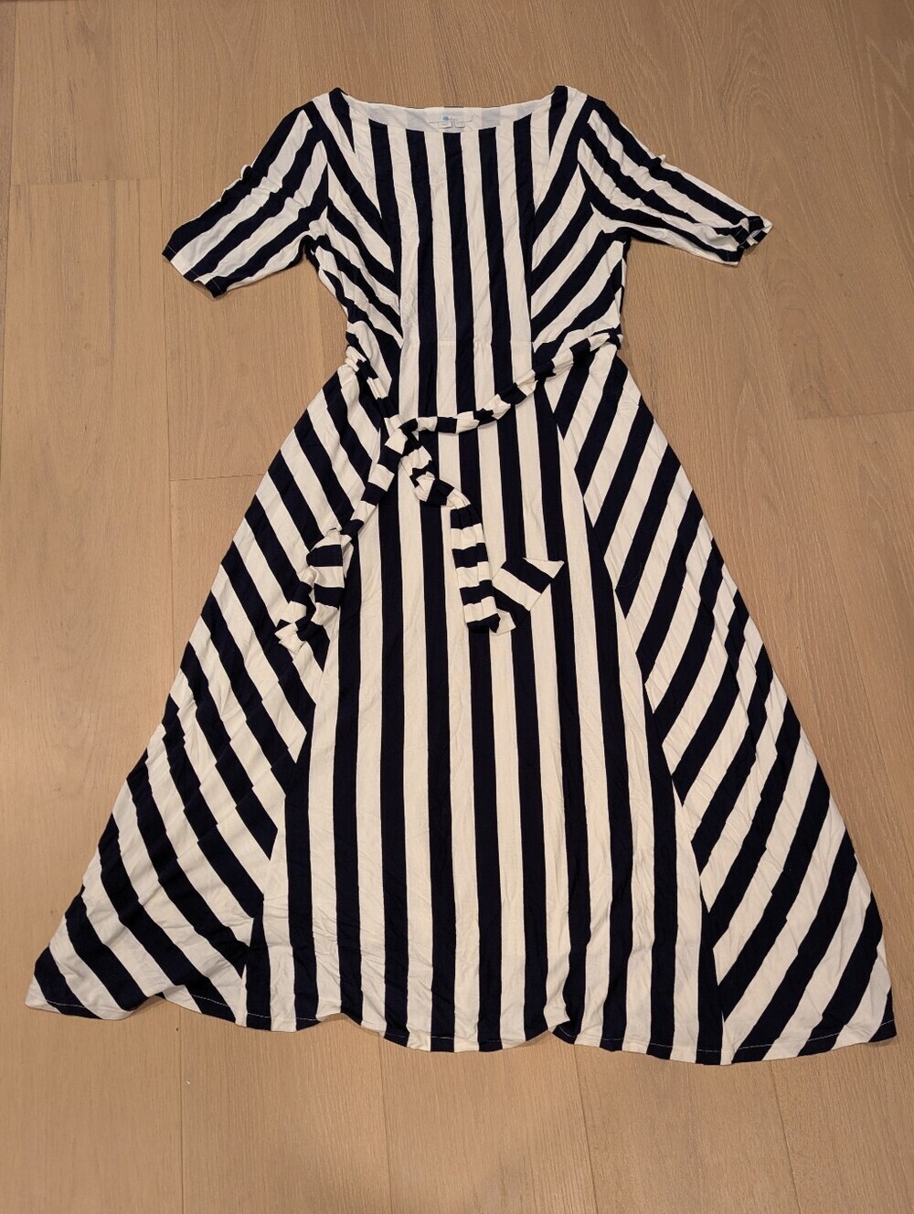 Navy and White Stripe Knit Maxi Dress with Tie Waist